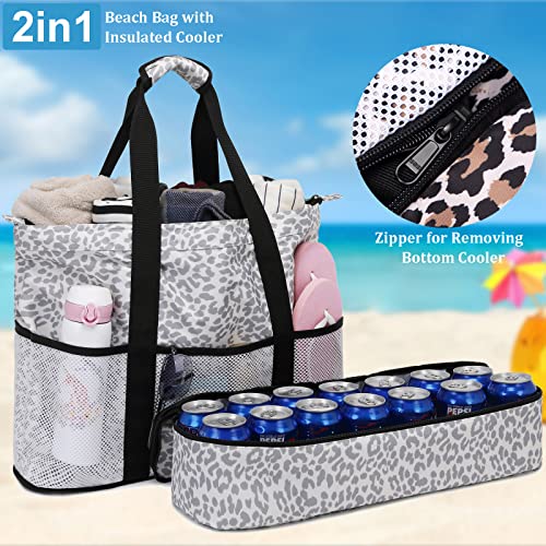 JIANYA Beach Bag Women Waterproof Sandproof Beach Tote Bags with Cooler Top Zipper Large Totes for Pool Travel Daily - color: *Leopard-3