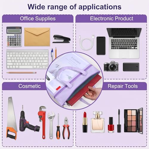 Large Zipper Pouch with Handle, 11 x 13.7 in Mesh Zipper Pouch Waterproof Double Pocket Organizer Bag, A4 Size Foldable File Storage for Documents Travel Art Supplies Office Use (Purple)