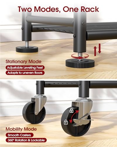 Sakugi Clothes Rack - Double Hanging Rod Clothing Rack with Wheels & Leveling Feet, Large Capacity Wardrobe Closet with Shelves for Bedroom, Laundry Room, Entryway, 45.2" x 12.6" x 80.7", Black - color: Black, size: XX-Large