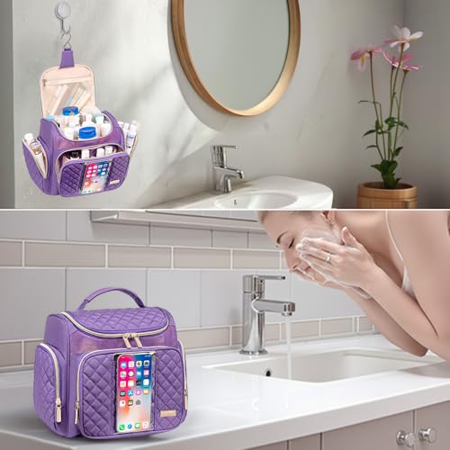 Large Toiletry Bag for Women Men,Bathroom Bag,Water Resistant Shower Bag,Makeup Bag,Toiletry Bags for Traveling,Hanging Toiletry Bag with Transparent Waterproof Phone Pocket (Purple) - color: Purple