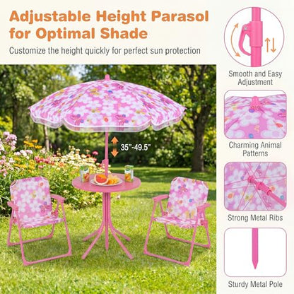 HONEY JOY Kids Picnic Table, Animal Themed Toddler Outdoor Table and Chair Set, 2 Folding Chairs & Removable Umbrella, Children Outdoor Furniture for Backyard Patio Garden (Pink Bee) - color: Pink Bee