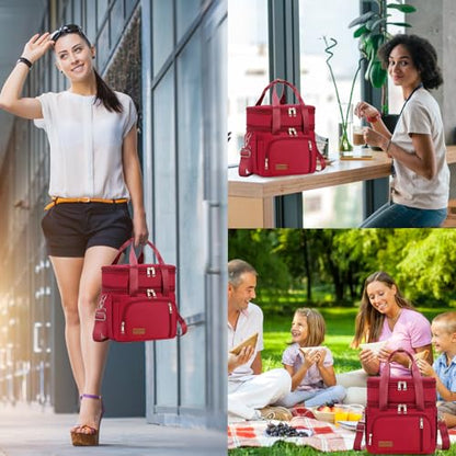 MAPLELILY Lunch Box for Men Women - Double Deck Insulated Lunch Bag, Large Leak Proof Tote Cooler, Wide Open Dual Compartment Lunch Bags with Shoulder Strap, For Work Picnic Hiking Beach, Red - color: Red