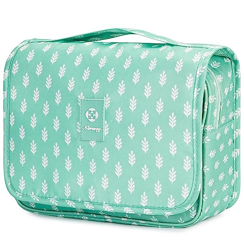 Narwey Small Hanging Travel Toiletry Bag for Women, Travel Bag for Toiletries, Makeup Bag Organizer Make Up Bags Cosmetic Bags for Girls - color: Green Leaf