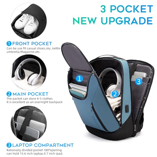 BANGE Business Smart Backpack Waterproof fit 15.6 Inch Laptop Backpack with USB Charging Port,Travel Durable Backpack (Light Blue(three Pocket), Medium) - color: Light Blue