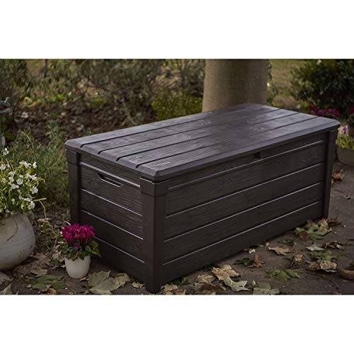 Keter Outdoor Storage Deck Box, for Patio, Backyard & Garden, Brightwood, 120 Gal, Brown - Lockable, Organizing, and Waterproof Plastic Container Bench