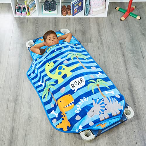 EVERYDAY KIDS Cute Preschooler and Toddler Cot Nap Mat for Home, Daycare, Preschool and Kindergarten; Easy to Roll Sleeping Mat with Elastic Straps, Pillow and Blanket - color: Dinosaur Cot Nap Mat