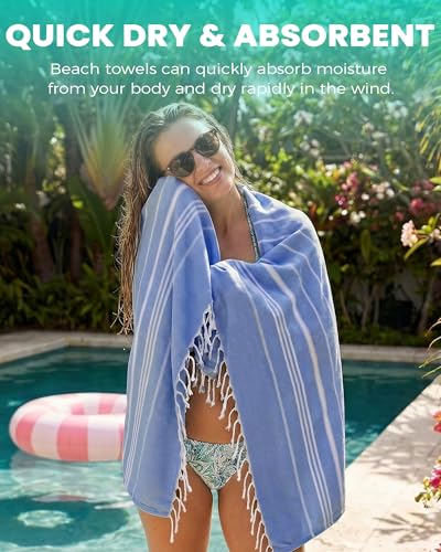 Turkish Beach Towels Vacation Essentials with Bag Quick Dry Sand Free Soft Absorbent Adult Bath Pool Swim Long Wide Stripe Towel Cloud Linen Sandfree Mat Summer Thing Lightweight Thin Travel Blue - color: Thinner Blue, size: 72 x 36 inch