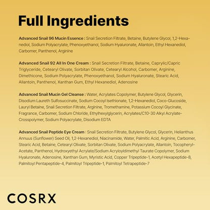 COSRX All About Snail Mucin Korean Skin Care Set, Mini Travel Essentials, Travel Size Gift Set with Snail Mucin Face Wash, Serum, Moisturizer & Eye Cream, Rejuvenating Kit, Mothers Day Gifts for Mom