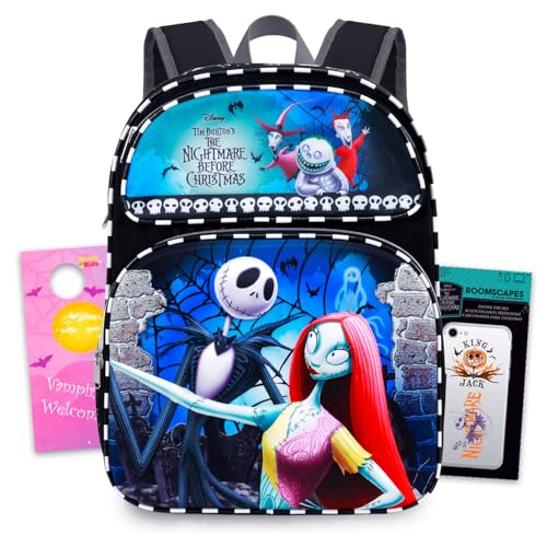 Nightmare Before Christmas Backpack Set - Bundle with 16” Jack Skellington Bag, Decals, More | "NBC" Bookbag for Kids, Girls, Teens, Women