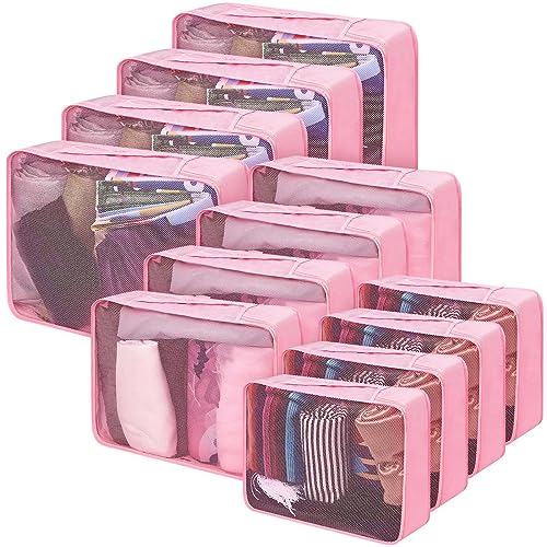 Silkfly 12 Pcs Packing Cubes for Suitcase Travel Luggage Bags Bulk Mesh Organizer Set for Hiking Camping Backpacking Clothes Accessories (Pink,XL, L, M Size) - color: Pink, size: XL, L, M