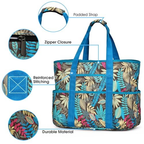 Becokan Beach Bags for Women Large Beach Tote Bag with Zipper Pockets Beach Bag Waterproof Sandproof Travel Nurse Tote Bag - color: Leaves