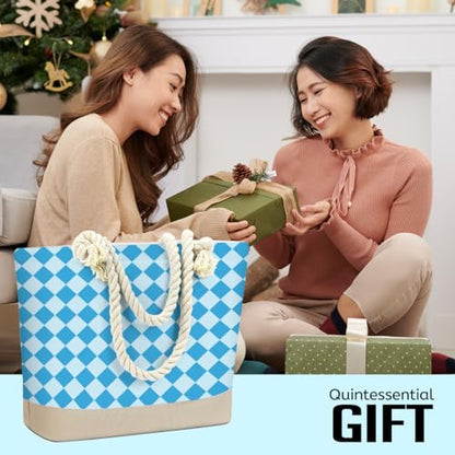 Fokongna Tote Bag For Women, Beach Bag Best Friend Travel Birthday Gifts, Travel Parties Vacation Shopping Essentials - color: Blue Diamond Check