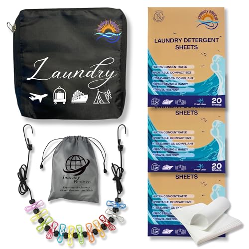 Travel Laundry Detergent Sheets with Travel Laundry Bag and Portable Clothesline – Laundry Detergent Sheets 60 count, Foldable Laundry Bag & Heavy Duty Clothesline for Hotels, Cruises & Trips