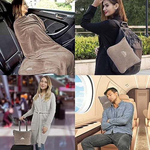 BlueHills Premium Soft Travel Blanket Pillow Airplane Flight Blanket Throw in Soft Bag Pillow case with Luggage Belt & Backpack Clip Compact Pack Large Airport Taupe T023 - color: Taupe-1pk-t023