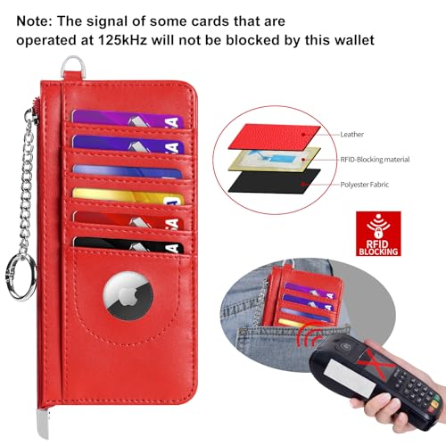 RFID Blocking Slim Credit Card Holder Wallet with Zipper Money Pocket & Keychain, Slim Airtag Wallet for Men Women - color: Cowhide Red