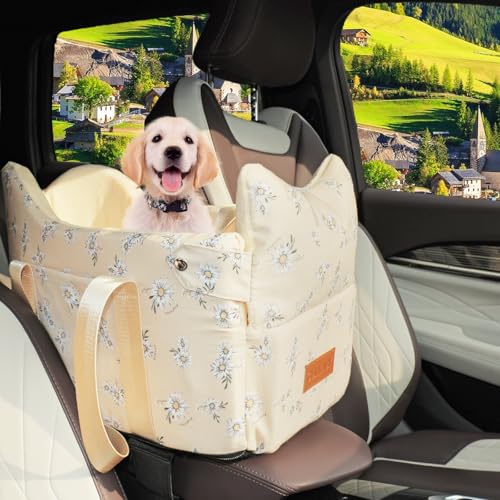 Center Console Small Dog Car Seat Portable Puppy Booster Armrest Carseat, Anti-Collapse Comfort Car Travel with Washable Fluffy Cushion and Pillow (Yellow, Fits Dogs up to 15 lbs) - color: Yellow, size: Extra Small (Up to 15 lbs)