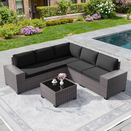 6 PCS Outdoor Patio Furniture Set,Outdoor Sectional Furniture All Weather PE Rattan Wicker Patio Conversation Set with Coffee Table and 5 Thickened Cushions,Black - color: Black, size: 6 High Backrest Sofa