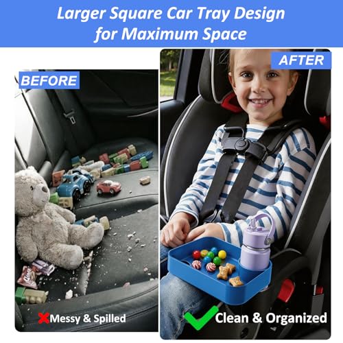 Car Seat Snack Tray for Kids, Mess-Free Square Travel Tray Cup Holder Snack Tray, Durable Car Food Tray for Toddlers, Universal Fit Kids Travel Road Trip Essentials (1, Blue) - color: blue