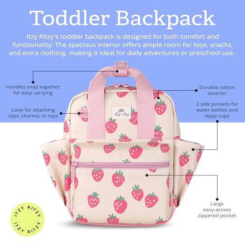 Itzy Ritzy Toddler Backpack - Daycare Bag - Features Adjustable Shoulder Straps, 2 Side Pockets & Spacious Interior with Wipeable Fabric Lining & Name Label, Strawberry Backpack - color: Strawberry