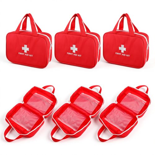 6 Pack First Aid Kit Bag Empty, Red Oxford Fabric Emergency Medical Pouch Trauma Storage Organizer for Car, Travel, Camping, Home, Office, Workshop & Outdoor Activities