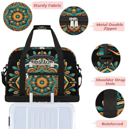 Travel Duffle Bags With Shoes Compartment for Women Men Mandala Flower Ethnic Boho Lightweigh Sports Tote Gym Bag Foldable Canvas Weekender Overnight Carry On Luggage Handle Bag - color: A06:print 1