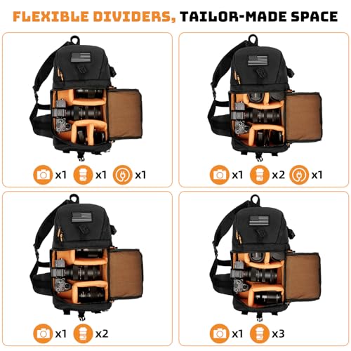 Vogano Camera Sling Bag for Photographers - Waterproof Single-Shoulder Camera Case with Adjustable Dividers, Rain Cover & Side Tripod Pocket - color: 2.0 Black