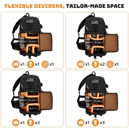 Vogano Camera Sling Bag for Photographers - Waterproof Single-Shoulder Camera Case with Adjustable Dividers, Rain Cover & Side Tripod Pocket - color: 2.0 Black