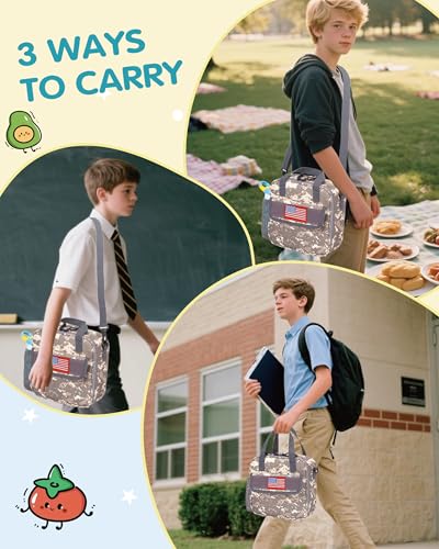 Tactical-style Lunch Bag 5L Kids Lunch Bag with Adjustable Shoulder Strap Easy to Clean Leakproof Wipeable liner Toddler Lunch Box Bag for Boys Girls School and Daycare - color: ACU Camo