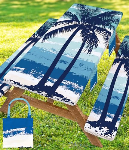 Picnic Table Cover with Bench Covers Waterproof Fitted Table Cloth Tablecover Camp Camper Camping Essentials Outdoor Summer Beach River Water Motorhome Trailer Road Trip Tent Rv Car Travel Activities - color: Blue Coconut Tree, size: 96in