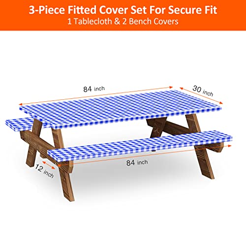 7ft Picnic Table and Bench Cover, Camping Essentials RV Gear, 84 in Waterproof Windproof Outdoor Elastic All Around Tablecloth, Fitted Rectangle Tables and Seats, Blue-White Checkered - color: Blue-white Checkered, size: 84"