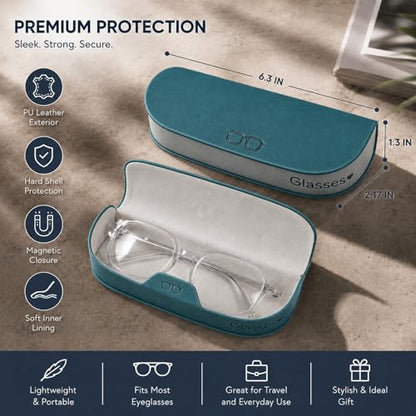 Glasses Case hard shell,3-in-1 Sunglasses Case & Eyeglass Case with Cleaning Cloth & Storage Pouch - color: Teal