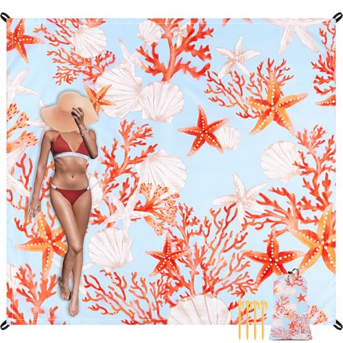 Beach Blanket Waterproof Sandproof, 9 Ft X 10 Ft Extra Large Sand Free Beach Mat, Big Compact Lightweight Quick Drying Picnic Blanket with 4 Stakes & Pockets for Camping, Travel, Hiking - color: Red Starfish, size: 9x10 FT (1～8 person)