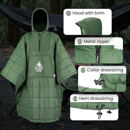 ONETIGRIS Camping Blanket Poncho with with Recycled Synthetic Insulation,Wearable Hoodie Blanket | Ultralight Water-Resistant Warm Camping Blanket for Outdoor, Hiking, Stadium - color: 1pc-green