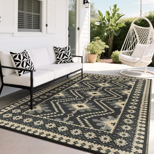GarveeHome Outdoor Rug Waterproof 9x12 Reversible Outdoor Plastic Straw Rug Vintage Geometric Patio Rug Indoor Outdoor Carpet RV Mat for Deck Backyard Patio RV Camping Beach, Black and Coffee - color: Border Black/Coffee, size: 9' x 12' (Rectangular)