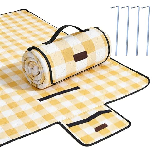 HX&OD Outdoor Picnic Blanket, Extra Large, 80''x60'' Waterproof Foldable Blankets Gingham Picnic Mat for Beach, Camping Grass Lawn Park Accessories Cute Couple Ideas Wedding (Yellow, 80”x60”) - color: Yellow, size: 5' x 6'8" (Square)