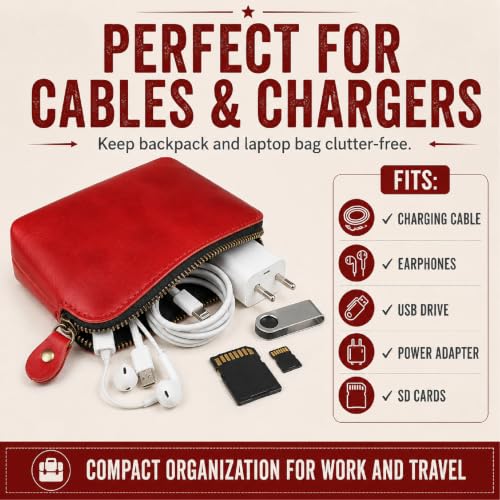 Full Grain Leather Cosmetic Bag – Zippered Makeup Pouch for Women, Small Travel Toiletry & Organizer Pouch for Purse, Premium Handmade Leather (5 × 4 × 2.5 in) - color: Red
