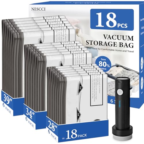 NESCCI Travel Vacuum Bags for Clothing with Rechargeable Wireless Air Pump,18 Pack Compression Seal Packing Bags for Luggage Suitcase,Carry-on Size Space Saver Vacuum Storage Bags - size: 18 Combo Size (Blue)