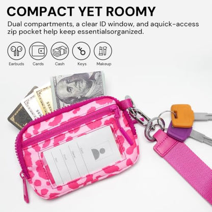 YDF Small Nylon Wristlet Wallet for Women, Minimalist Zip Keychain Coin Purse Card Case with Clear ID Window, Water-Resistant Pouch - color: Hot Pink Leopard