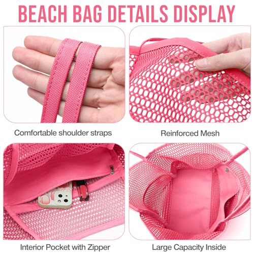 KPX Beach Bag with Mini Pocket, Summer Beach Tote Bags for Women Large Foldable Mesh Swimming Pool Travel Bags - Sandproof - color: Rose