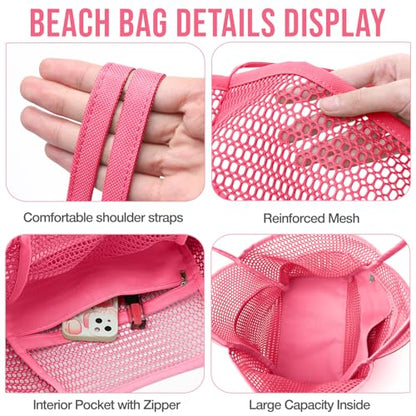 KPX Beach Bag with Mini Pocket, Summer Beach Tote Bags for Women Large Foldable Mesh Swimming Pool Travel Bags - Sandproof - color: Rose