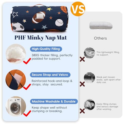 PHF Soft Toddler Nap Mat with Removable Pillow, Rollup Design Kids Sleeping Mat, Slumber Bags for Boys, 55"x23" Toddler Sleeping Bag for Daycare Preschool Travel Camping, Ball - color: Ball