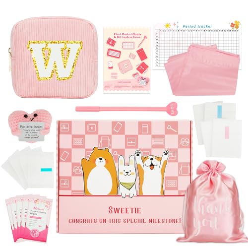 Essential First Period Kit for Girls 9-12 with Custom Initial Bag-Letter W,Period Bags,Tracker and More for Tweens Girls