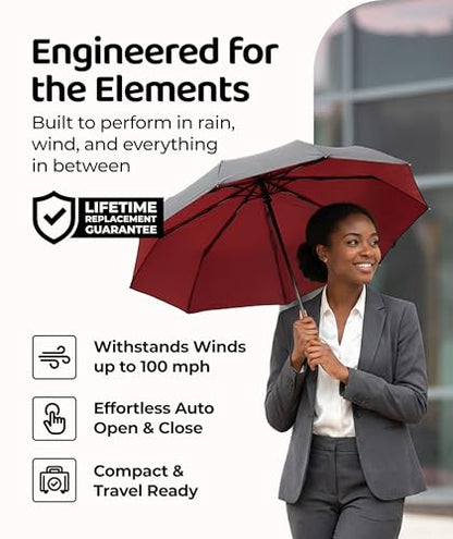 Repel Windproof Travel Umbrella - Compact & Withstands Winds up to 100MPH , Strongest Premium Auto Folding Umbrella for Rain and Sun - Durable, Light & Portable for Women & Men , Fits Backpack & Cars - color: Black/Red - Travel Umbrella (1 Pack)