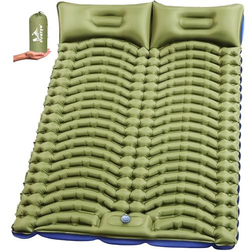 Double Sleeping Pad for Camping - Ultralight Camping Mattress with Pillow, Built-in Foot Pump, Compact Inflatable 2-Person Portable Mat for Backpacking, Hiking, Car Traveling, Beach, Tent - color: Olive Green