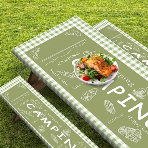 Picnic Table Cover with Bench Covers Elastic Edges, Green Camper Fitted Table Cover, Outdoor Patio Camping Essentials 72 Inch 3PCS, Waterproof Camping Fitted Tablecloth with Drawstring Bag - color: Green, size: 72in