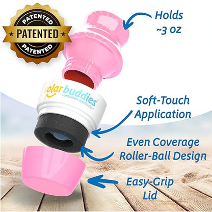Solar Buddies Grab & Go Travel Bundle, Carabina Clip & Cleaning Brush - Single Full Pink - Refillable Roll on Sponge Sunscreen, Suncream & Lotion Applicator For Kids, Adults & Families - Holds 100ml - color: Full Pink Single