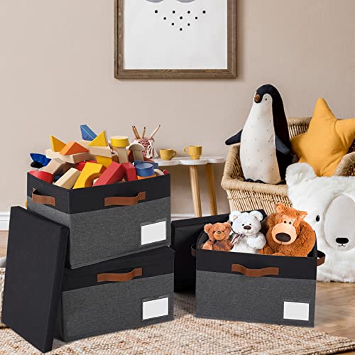 GhvyenntteS Fabric Storage Bins with Lids 3 Pack, Closet Storage Boxes with Lid and 3 Handles, Foldable Storage Baskets with Lids and Label Window for Home Office (Grey&Black, 15" x 11" x 9.7") - color: Grey with Black, size: Large-3 Pack
