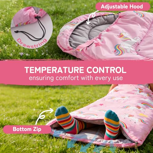 tuphen Kids Sleeping Bag - 50-77℉ 3-Season Waterproof Sleeping Bag for Boys & Girls, Lightweight 2.2 lbs Camping Gear with Compression Bag Ideal for Camping, Hiking, Indoor - color: Pink