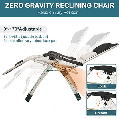 NAIZEA Padded Zero Gravity Chair, Folding Outdoor Lounge Chairs, Adjustable Reclining Camping Chairs with Cup Holder, Ergonomic Patio Lawn Chair for Balcony Beach Deck Yard - color: Ivory White, style: Zero Gravity Chair