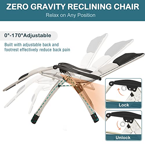 NAIZEA Padded Zero Gravity Chair, Folding Outdoor Lounge Chairs, Adjustable Reclining Camping Chairs with Cup Holder, Ergonomic Patio Lawn Chair for Balcony Beach Deck Yard - color: Ivory White, style: Zero Gravity Chair 2 Pack